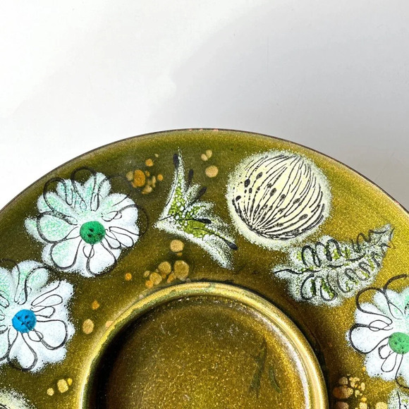 Vintage Sascha Brastoff MCM Enamel Green Floral Footed Pedestal Serving Dish - Picture 2 of 5